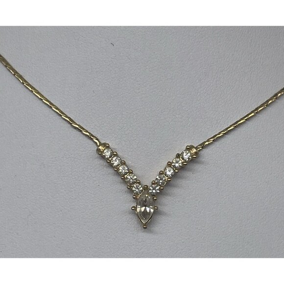 Vtg Christian Dior CD Authentic Gold V-Shaped Rhinestone Crystal Necklace 15” +2 - Picture 2 of 9
